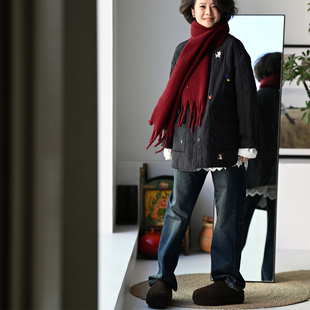 文艺休闲百搭圆领童趣刺绣绗缝羊毛内胆宽松棉服女秋 F88300 包邮