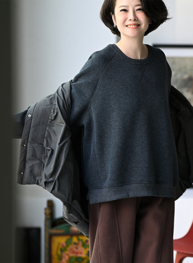 包邮R13530 文艺休闲纯色宽松圆领基础款打底加绒卫衣女25秋