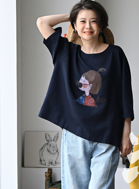 包邮C26011 文艺减龄女孩印花圆领短袖亚麻莱赛尔套头衬衫女