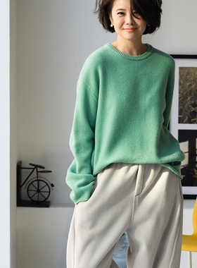包邮 M89328 文艺休闲清新苹果绿圆领卷边宽松纯羊毛100%毛衣女冬