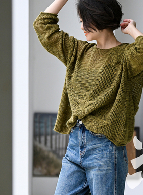 M13631 文艺休闲圆领五角星织花镂空透肤针织毛衣女26春 新品包邮