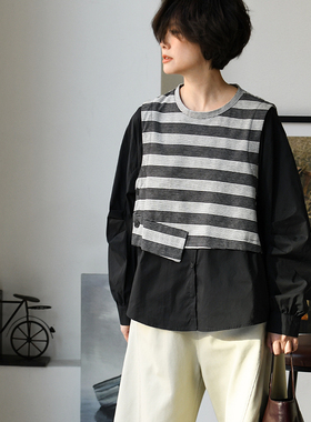 C11500 文艺清新可爱娃娃款圆领条纹拼接假两件衬衫女秋 米兰宣言
