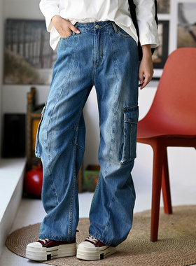 包邮特●N25626 韩版休闲帅气磨白侧兜纯棉弯刀香蕉牛仔长裤女秋