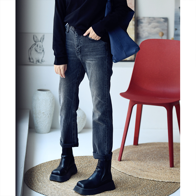 水洗弹力高腰显瘦直筒烟管牛仔裤