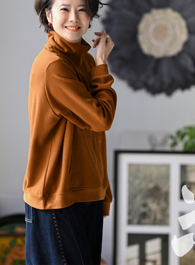 T82280 简约百搭半高领袋鼠兜宽松打底双面绒T恤女2026 新品速递