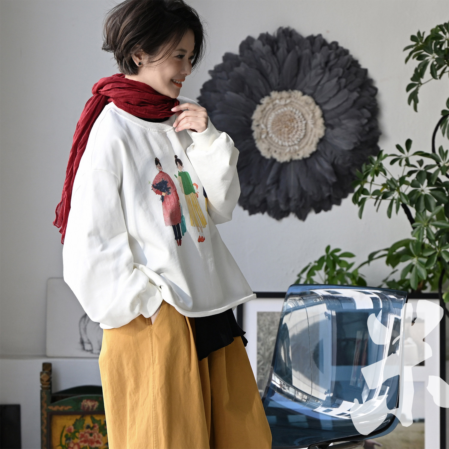 包邮R11700 文艺休闲撞色女孩印花圆领长袖毛边宽松纯棉卫衣女秋 - 实物图