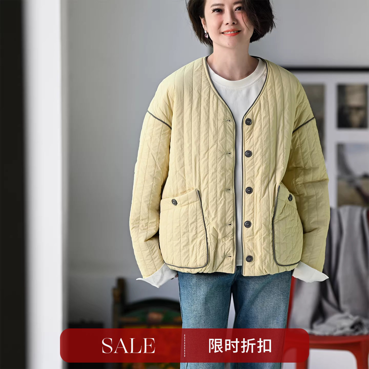 特●F88070 文艺休闲宽松竖条绗缝大兜短款V领棉服外套女秋冬25新