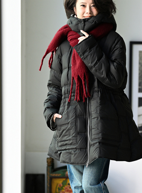 包邮 Y83035 文艺休闲通勤压纹连帽立领收腰A摆赫本风羽绒服女冬