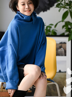 包邮Z50809 文艺休闲纯色破边高领加厚套头打底针织衫女25冬