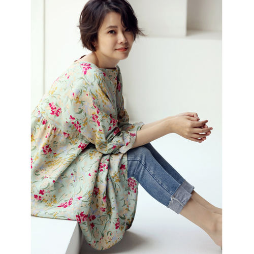 碎花宽松显瘦亚麻中长方领连衣裙