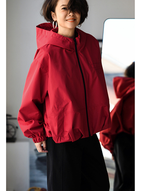 包邮 特●W5260C 温柔米灰色连帽花苞短外套女娃娃款休闲文艺风衣