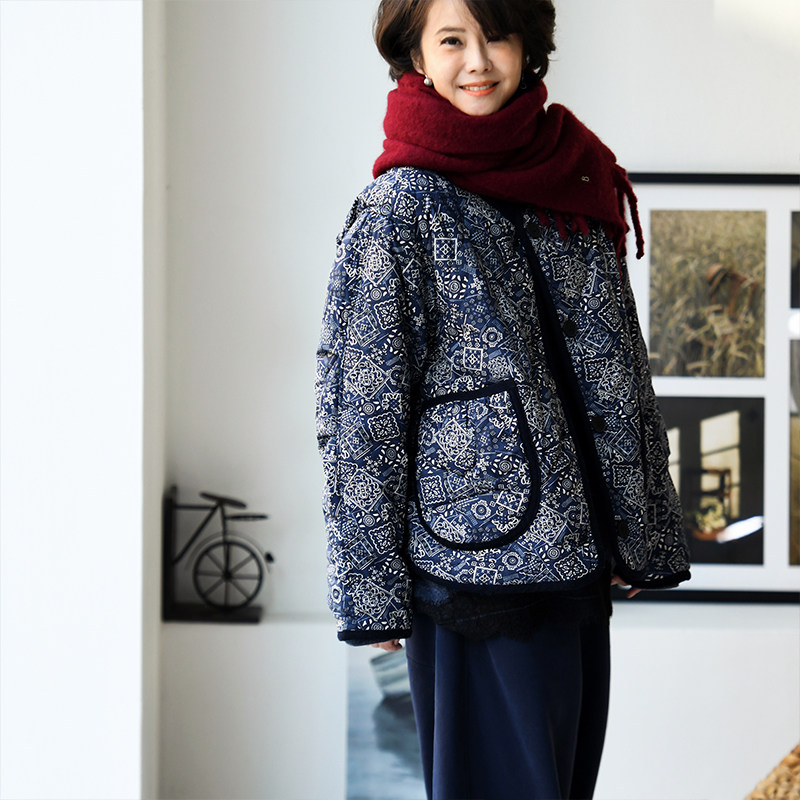 青花瓷绗缝宽松两面穿棉服大外套