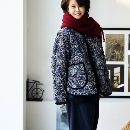 青花瓷绗缝宽松两面穿棉服大外套