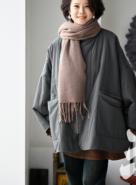 F98817帅气侧开叉文艺休闲宽松立领大版加绒棉服外套女冬新品包邮