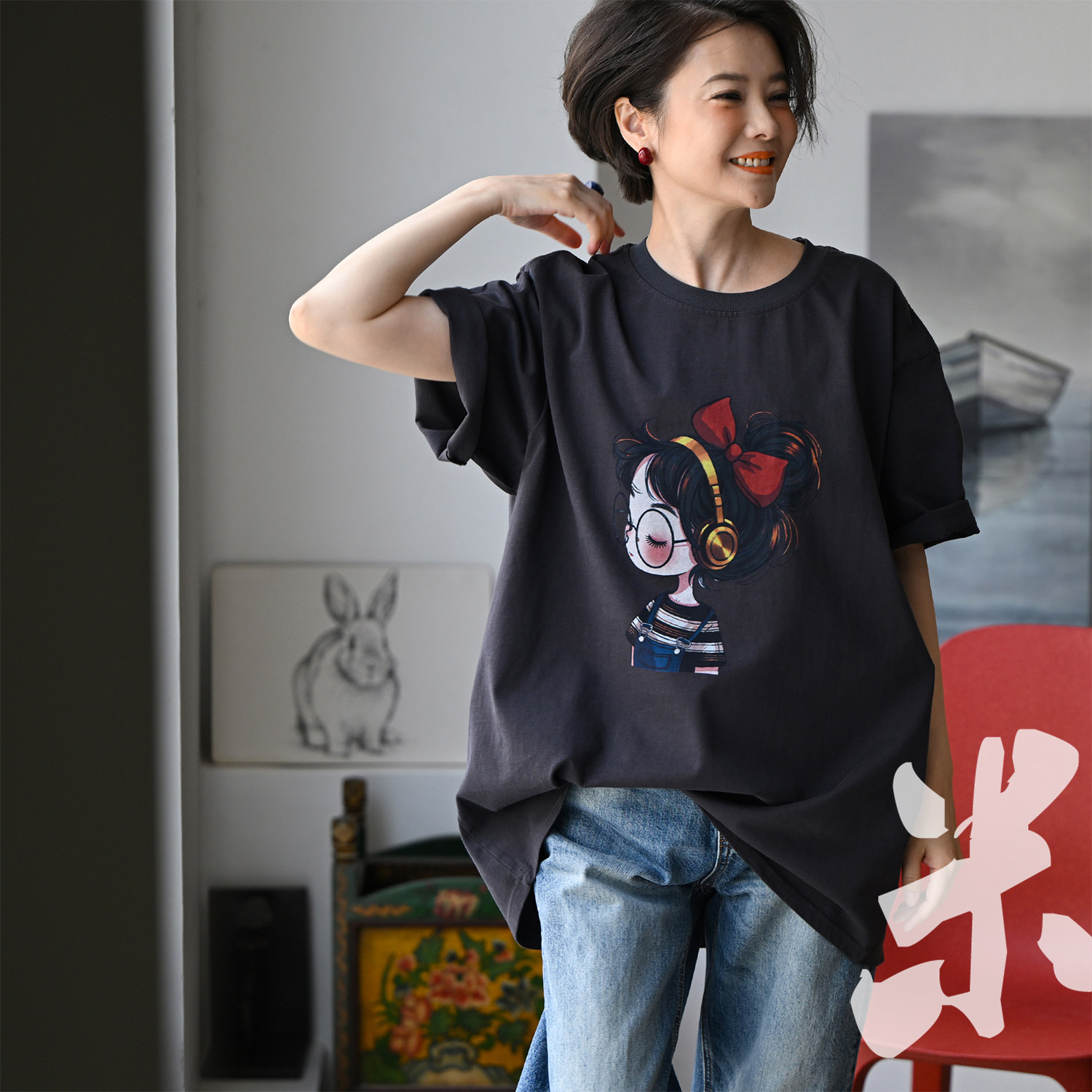 T62056 休闲可爱女孩撞色印花圆领纯棉宽松夏季短袖T恤女米兰宣言