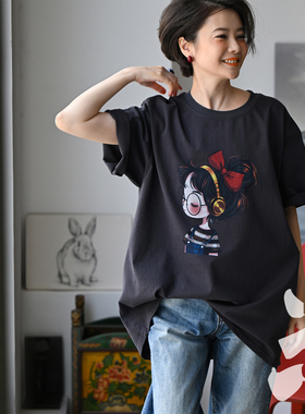 T62056 休闲可爱女孩撞色印花圆领纯棉宽松夏季短袖T恤女米兰宣言