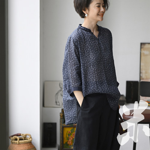 小立领薄款小扣碎花苎麻衬衫女