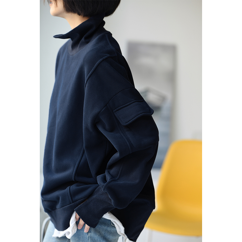 不规则设计宽松高领加绒套头卫衣