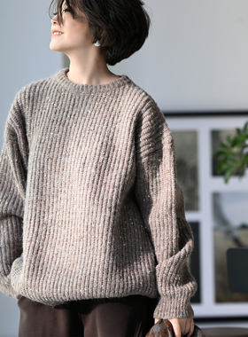 包邮特●M62650 韩版休闲洋气奶茶色圆领宽松加厚花线毛衣女25冬