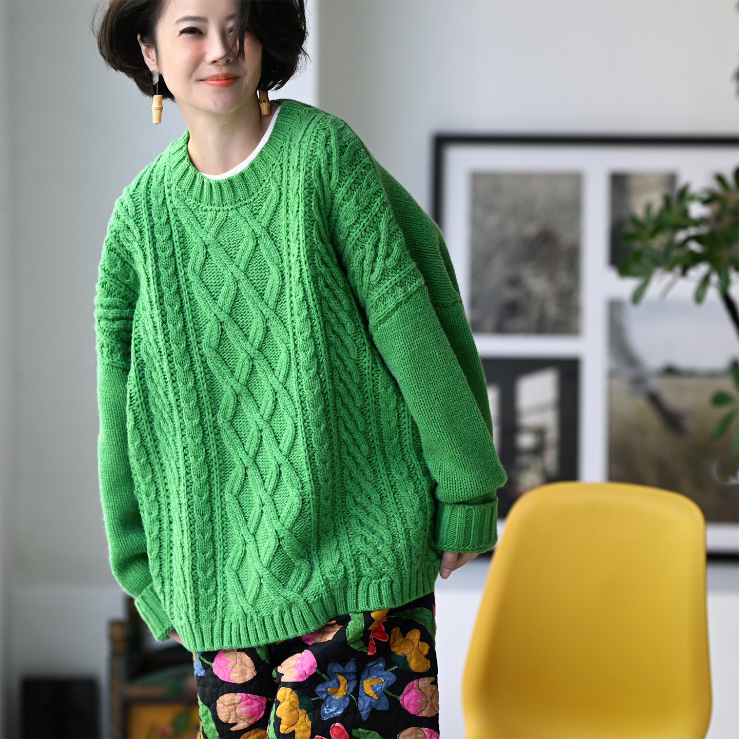 M25830 文艺含羊毛粗线菱格织花圆领麻花毛衣女2025秋冬 米兰宣言