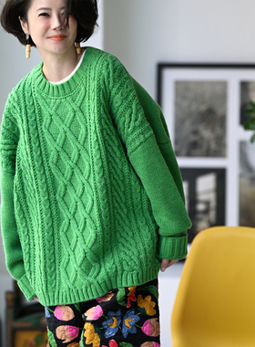 M25830 文艺含羊毛粗线菱格织花圆领麻花毛衣女2025秋冬 米兰宣言