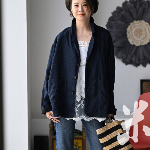 百搭宽松纯色双层亚麻西装外套女