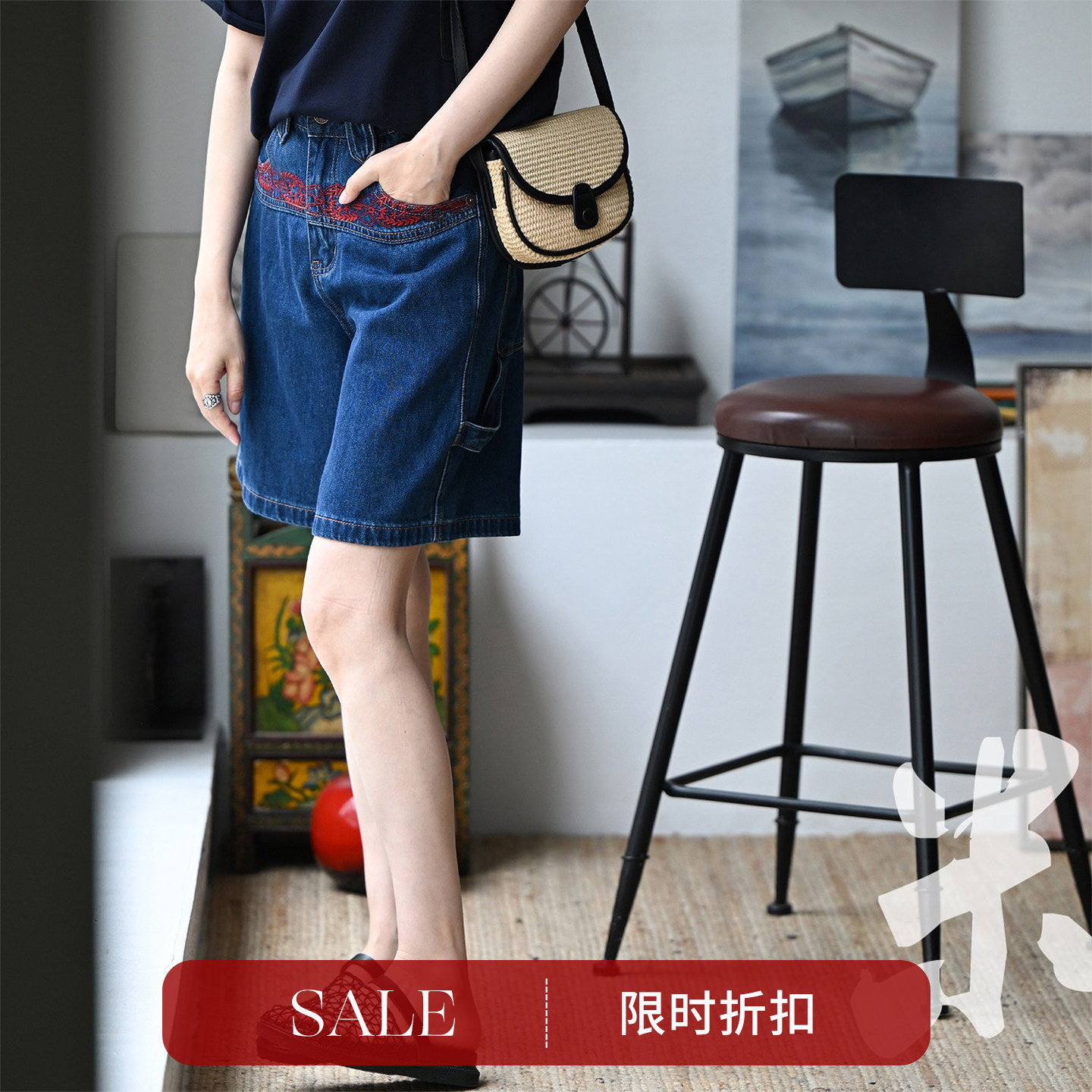 纯棉刺绣高腰修身直筒牛仔短裤女图片