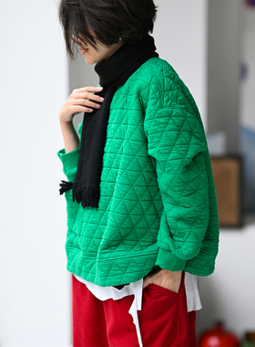 包邮F07950 文艺休闲圆领加绒宽松个性绗缝夹棉套头棉衣女冬