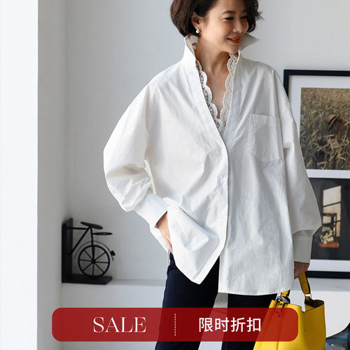 拼蕾丝宽松纯棉小性感中长衬衫