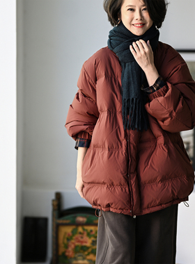 包邮Y60920 文艺休闲简约翻领宽松大版纯色90白鸭绒羽绒服女秋冬