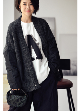 包邮 W7135C 文艺休闲oversize花线绗缝拼接V领加厚毛衣外套女秋