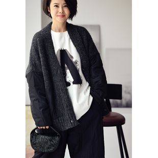 W7135C 文艺休闲oversize花线绗缝拼接V领加厚毛衣外套女秋 包邮