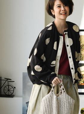 包邮W90211 文艺休闲复古圆领单排扣毛圈纯棉撞色波点小外套25秋