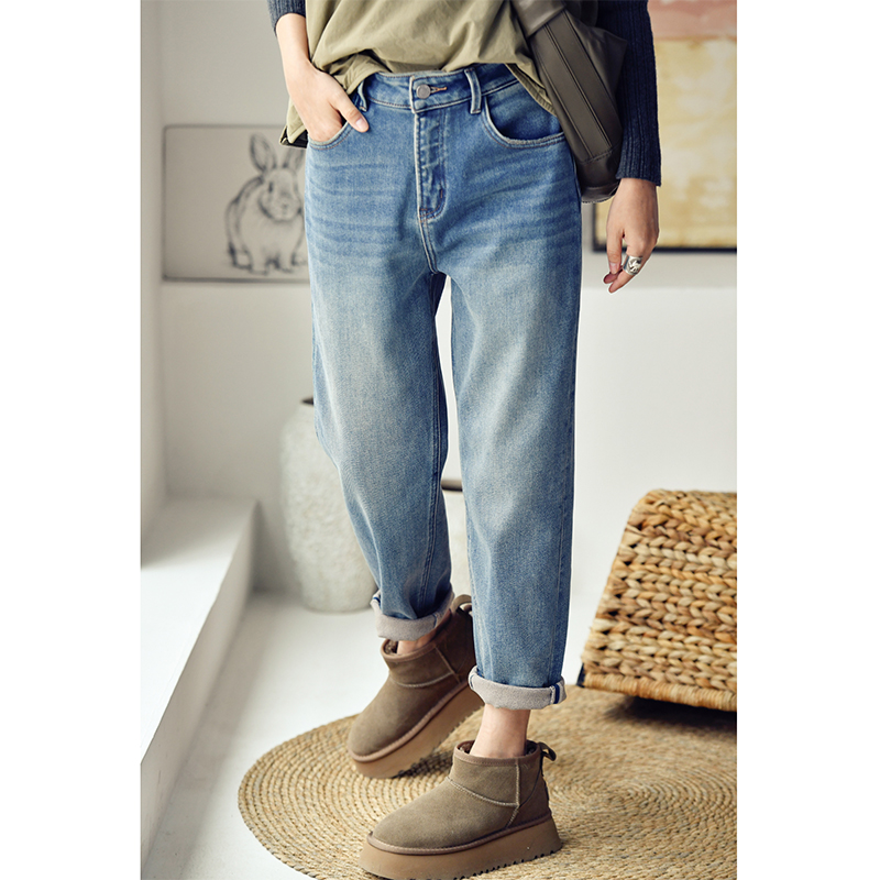 韩版做旧加绒九分牛仔裤女