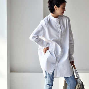 白衬衫 立领长袖 C7765C通勤休闲简约气质宽松显瘦质感中长款 女 包邮