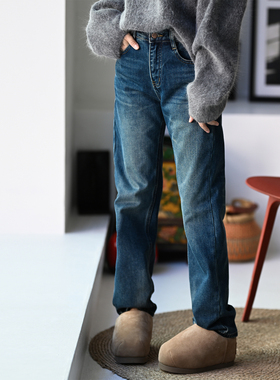 包邮N67362 韩版休闲洋气加绒深蓝色洋气磨色直筒牛仔裤女2025冬