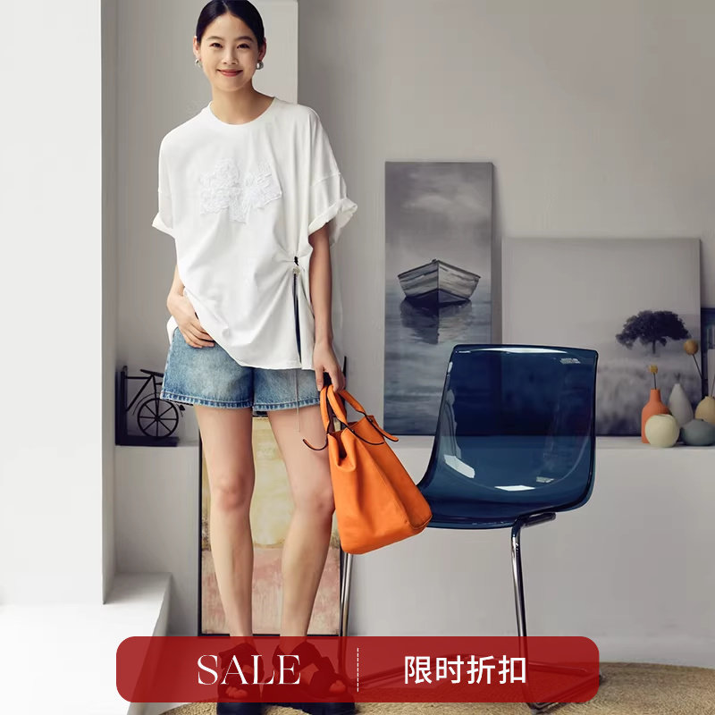 T9335C 韩版休闲圆领刺绣字母钉珠抽绳不对称大版T恤女夏米兰宣言
