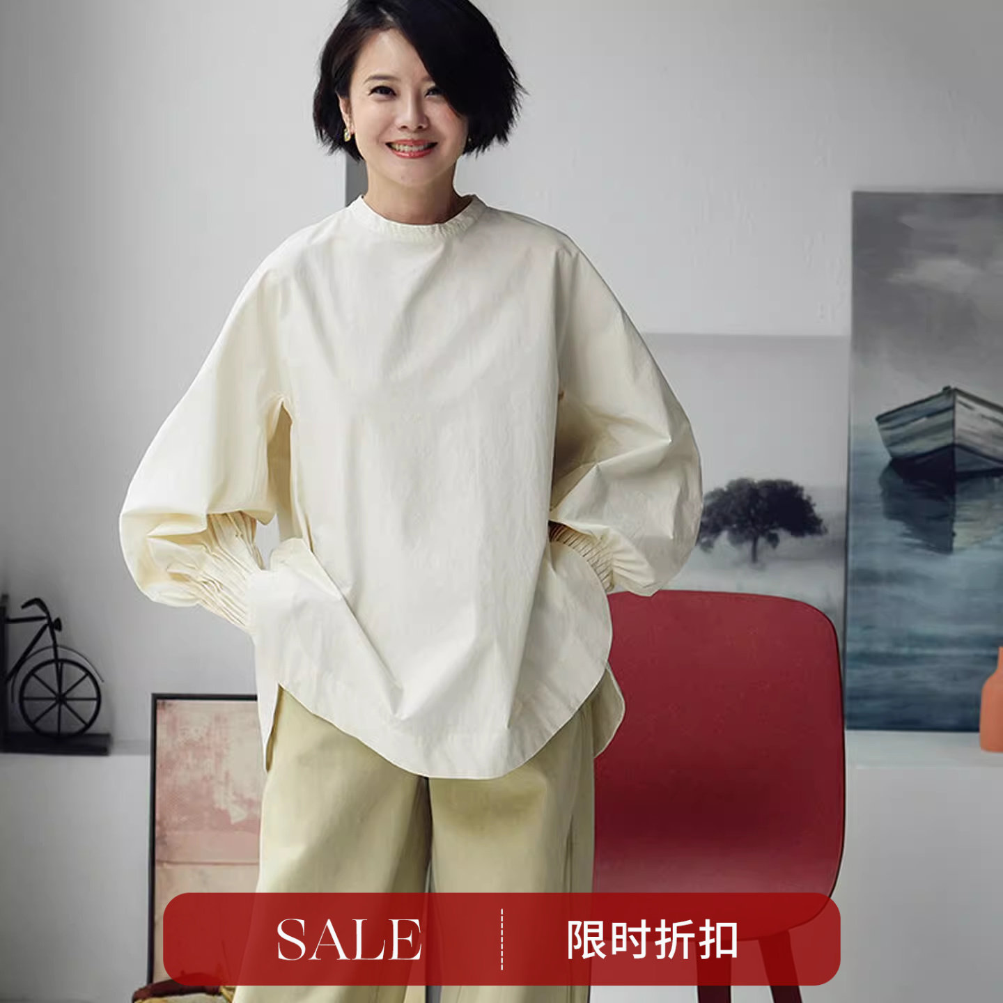 C8500C捏褶灯笼袖宽松中长款圆领套头衬衫女纯色通勤气质米兰宣言