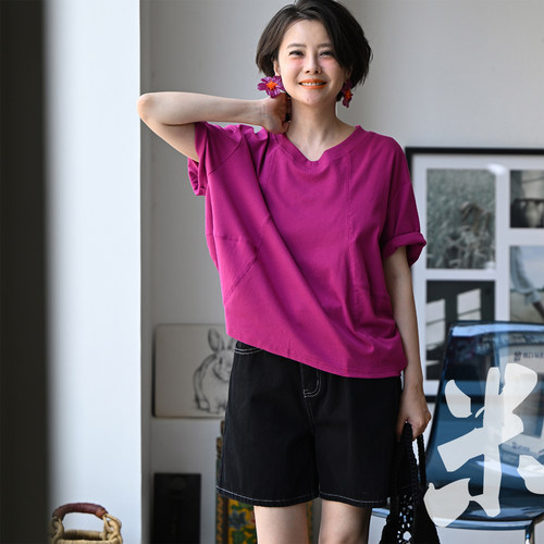 明线廓形显瘦V领纯色短袖T恤女