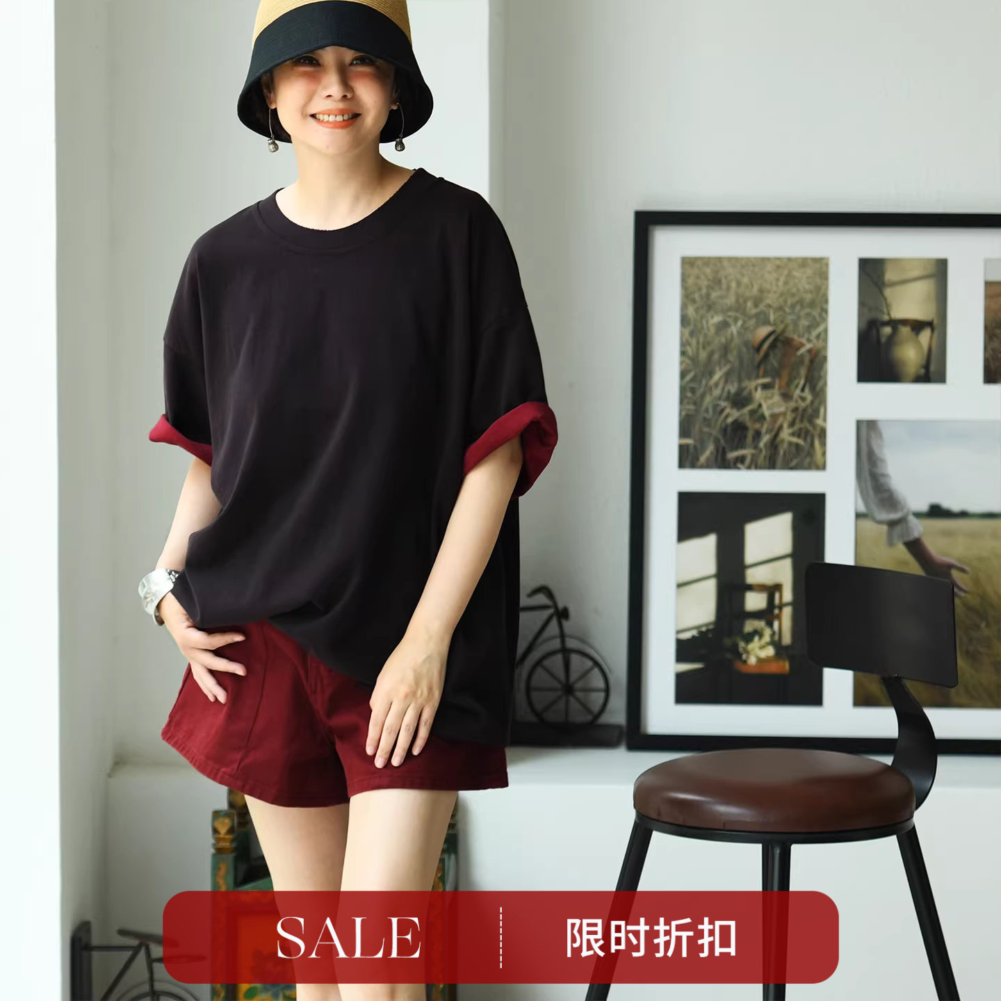 T57103 文艺休闲复古洋气咖色撞色内里短袖大版纯棉T恤女米兰宣言
