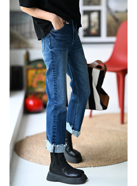 包邮 特●N17590 文艺休闲质感弹力直筒烟管卷边九分牛仔裤女2025