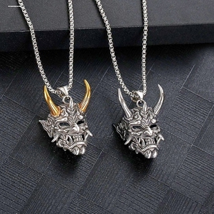 复古金角般若项链男士鬼怪面具吊坠潮嘻哈痞帅炫酷长款衬衫链