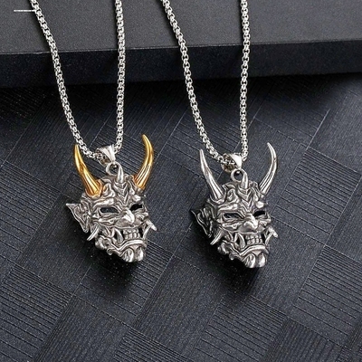 复古金角般若项链男士鬼怪面具吊坠潮嘻哈痞帅炫酷长款衬衫链