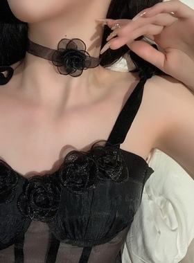 复古简约黑色花朵项圈法式优雅名媛ins小众甜美choker项链锁骨链