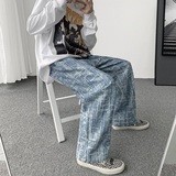 @港风复古雪花阔腿牛仔裤男女潮牌宽松大码拖地长裤NZ6007-P48，男装牛仔裤，星座223（原229-2）