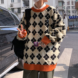 @港风男套头宽松毛衣秋冬菱形格子撞色针织衫毛边21M85--P58，男装针织衫/毛衣，星座223（原229-2）