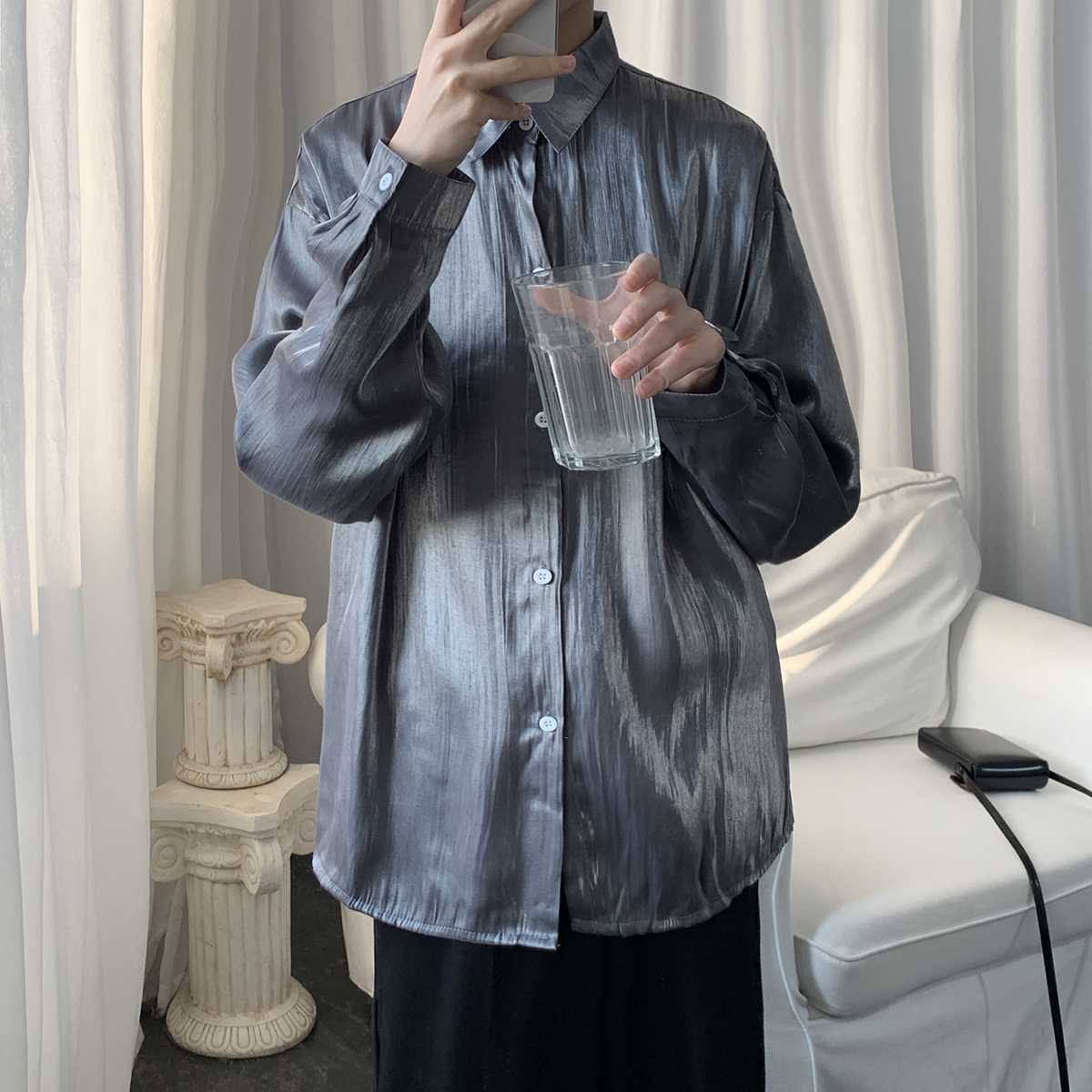 冰丝长袖衬衫男薄款春季炫彩色发型师长袖衬衫男C2023/P45,男装衬衫,星座223（原229-2）