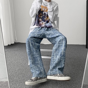 @港风 复古雪花阔腿牛仔裤男女潮牌宽松大码拖地长裤NZ6007-P48，男装牛仔裤，星座223（原229-2）