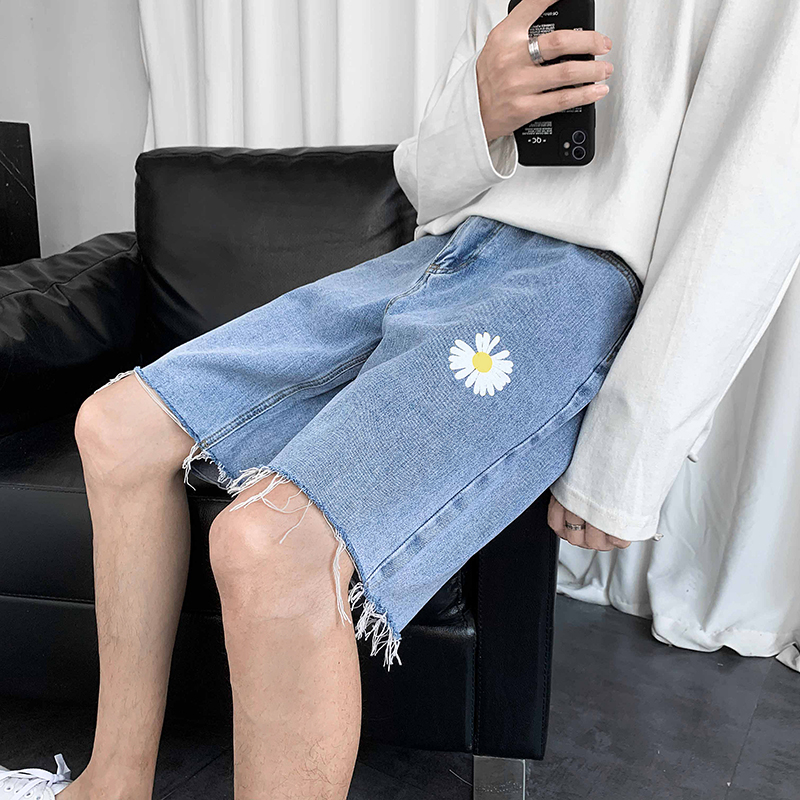 @港风小雏菊毛边牛仔裤短裤男新款潮流百搭中裤DK032-P32，男装牛仔裤，星座223（原229-2）