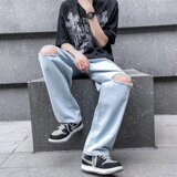 @港风M-5XL直筒破洞乞丐牛仔裤男生大码长裤NZ242-P45，男装牛仔裤，星座223（原229-2）